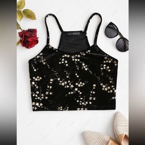 Black Velvet Cropped Tank w/ Gold Floral Print